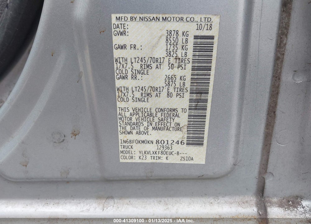 2019 NISSAN NV CARGO VIN: 1N6BF0KM0KN801246