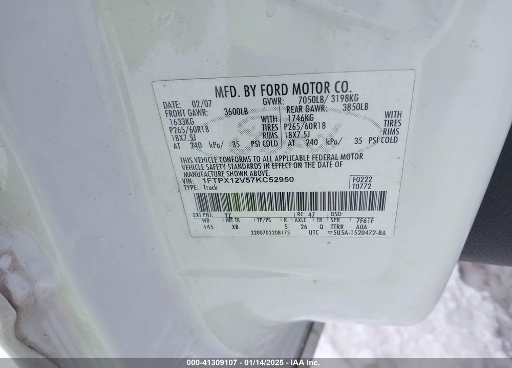 2007 FORD F-150 VIN: 1FTPX12V57KC52950