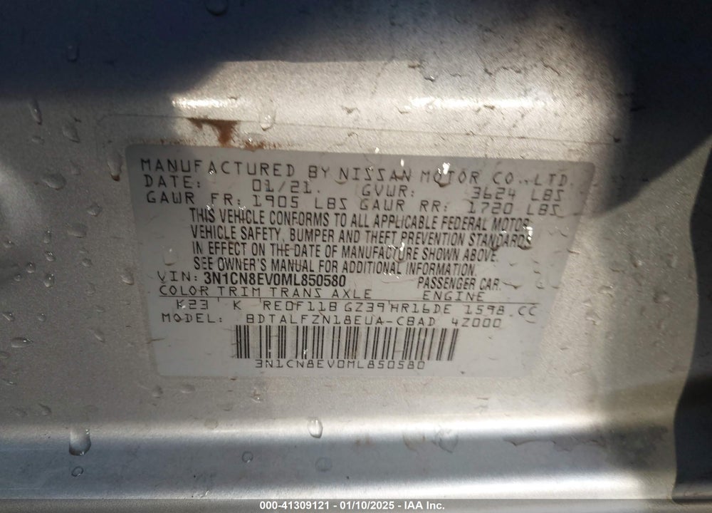 2021 NISSAN VERSA VIN: 3N1CN8EV0ML850580
