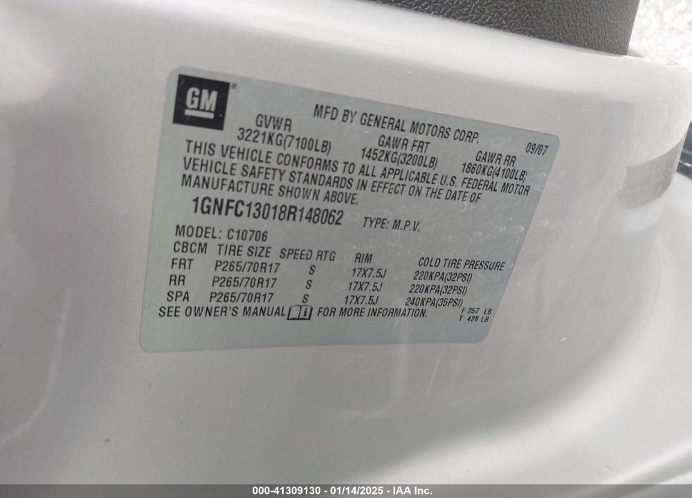 2008 CHEVROLET TAHOE LT VIN: 1GNFC13018R148062