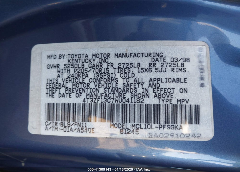 1998 TOYOTA SIENNA VIN: 4T3ZF13C7WU041182