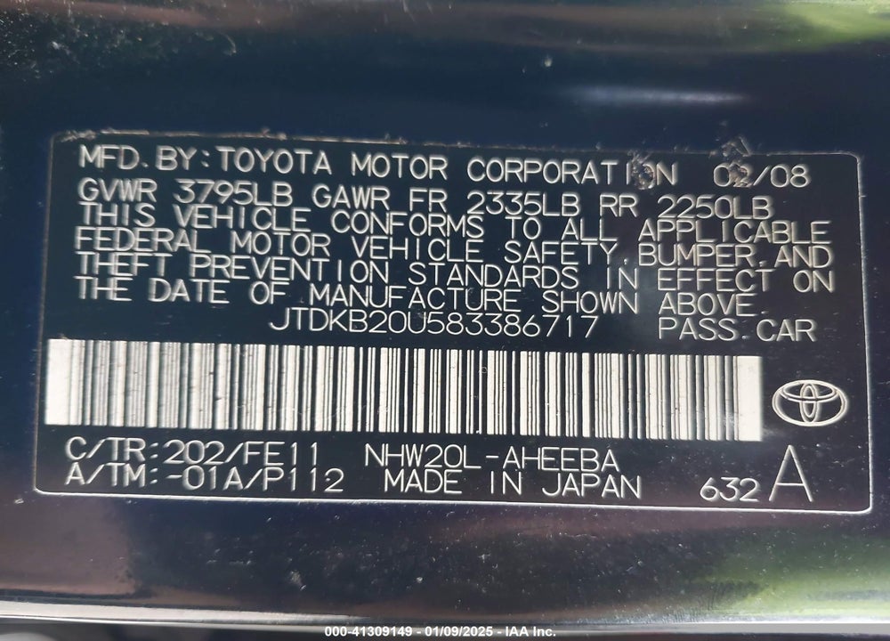 2008 TOYOTA PRIUS VIN: JTDKB20U583386717