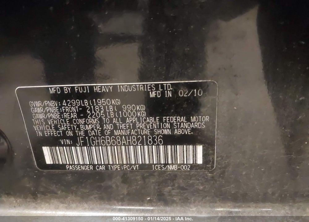 2010 SUBARU IMPREZA VIN: JF1GH6B68AH821836