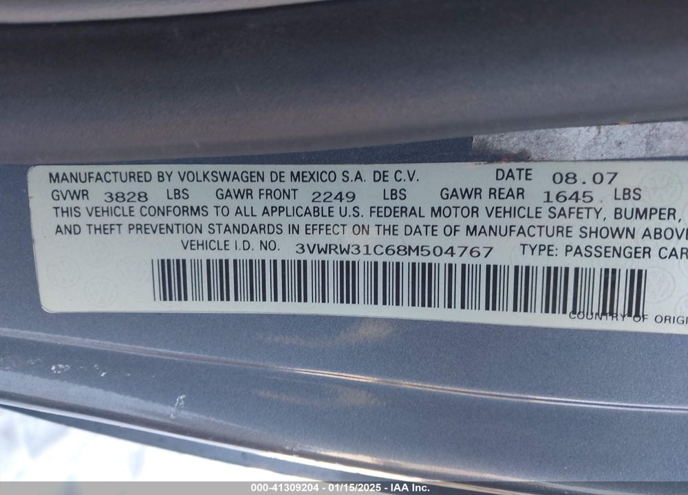 2008 VOLKSWAGEN NEW BEETLE VIN: 3VWRW31C68M504767