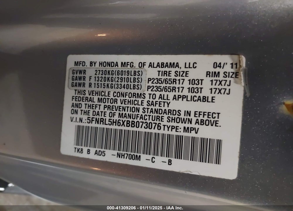 2011 HONDA ODYSSEY EX-L VIN: 5FNRL5H6XBB073076