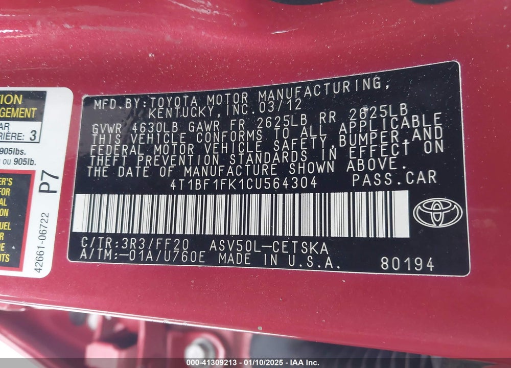 2012 TOYOTA CAMRY VIN: 4T1BF1FK1CU564304