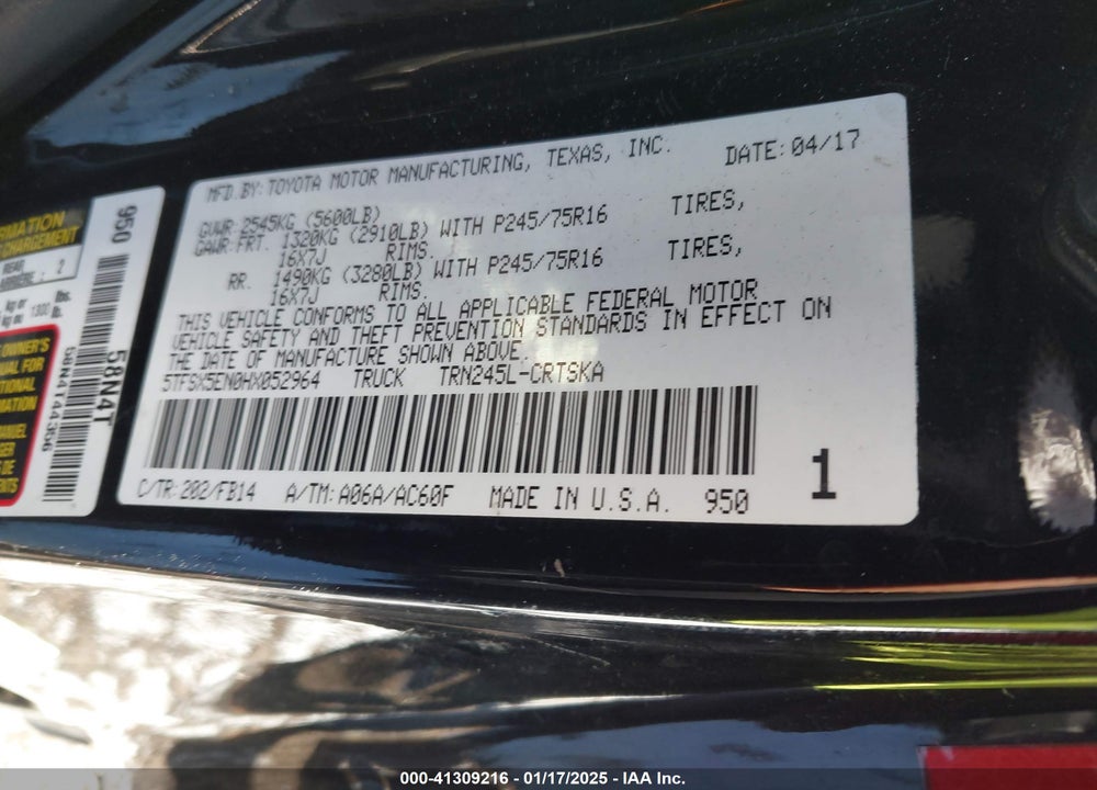 2017 TOYOTA TACOMA VIN: 5TFSX5EN0HX052964