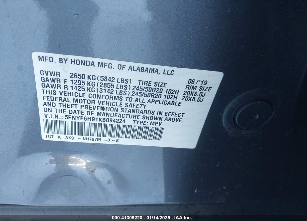2019 HONDA PILOT TOURING VIN: 5FNYF6H91KB094224