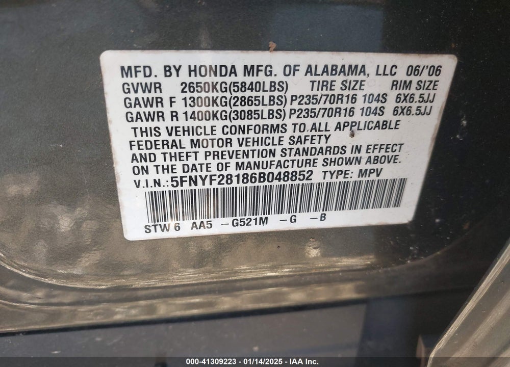 2006 HONDA PILOT LX VIN: 5FNYF28186B048852