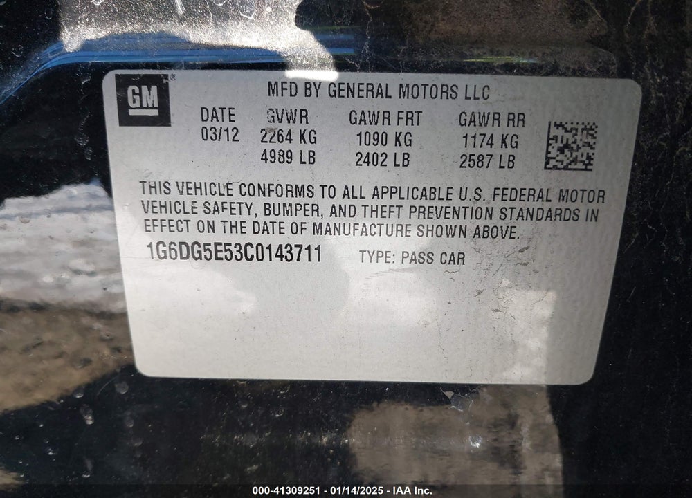 2012 CADILLAC CTS LUXURY VIN: 1G6DG5E53C0143711