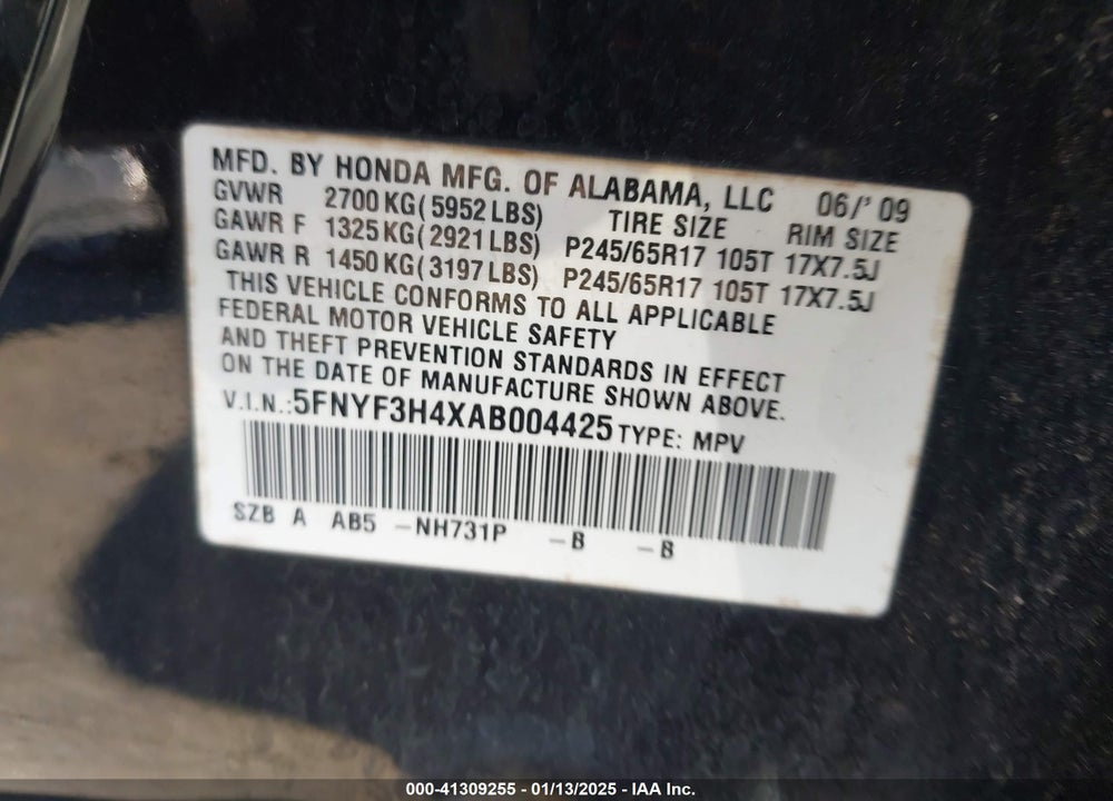 2010 HONDA PILOT VIN: 5FNYF3H4XAB004425