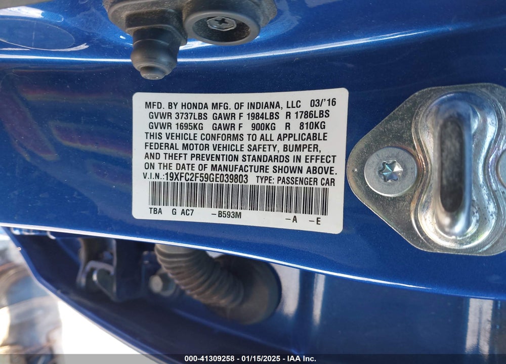 2016 HONDA CIVIC SEDAN VIN: 19XFC2F59GE039803