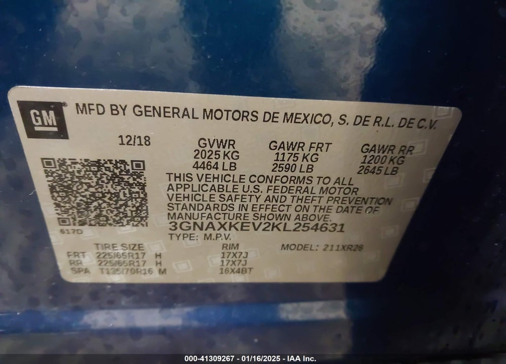 2019 CHEVROLET EQUINOX VIN: 3GNAXKEV2KL254631