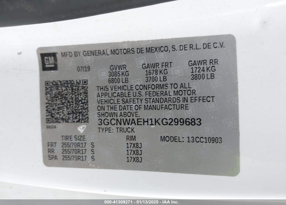 2019 CHEVROLET SILVERADO 1500 VIN: 3GCNWAEH1KG299683