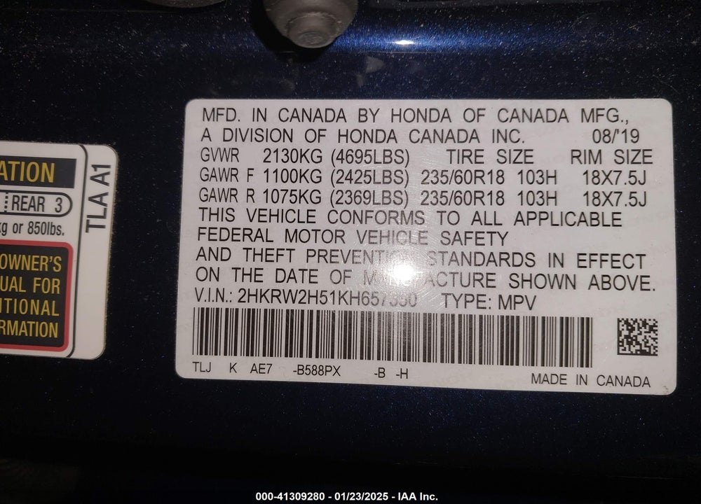 2019 HONDA CR-V EX VIN: 2HKRW2H51KH657350