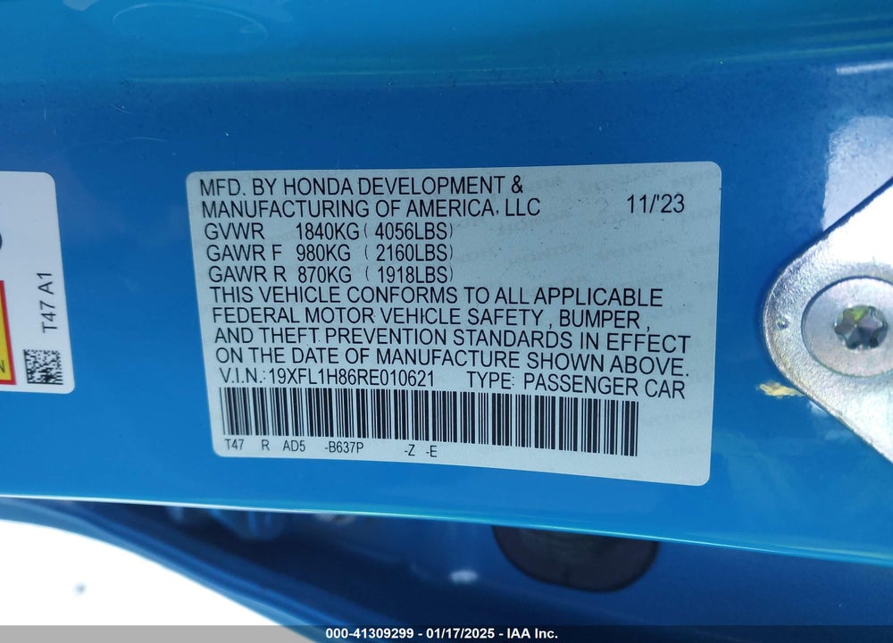 2024 HONDA CIVIC VIN: 19XFL1H86RE010621