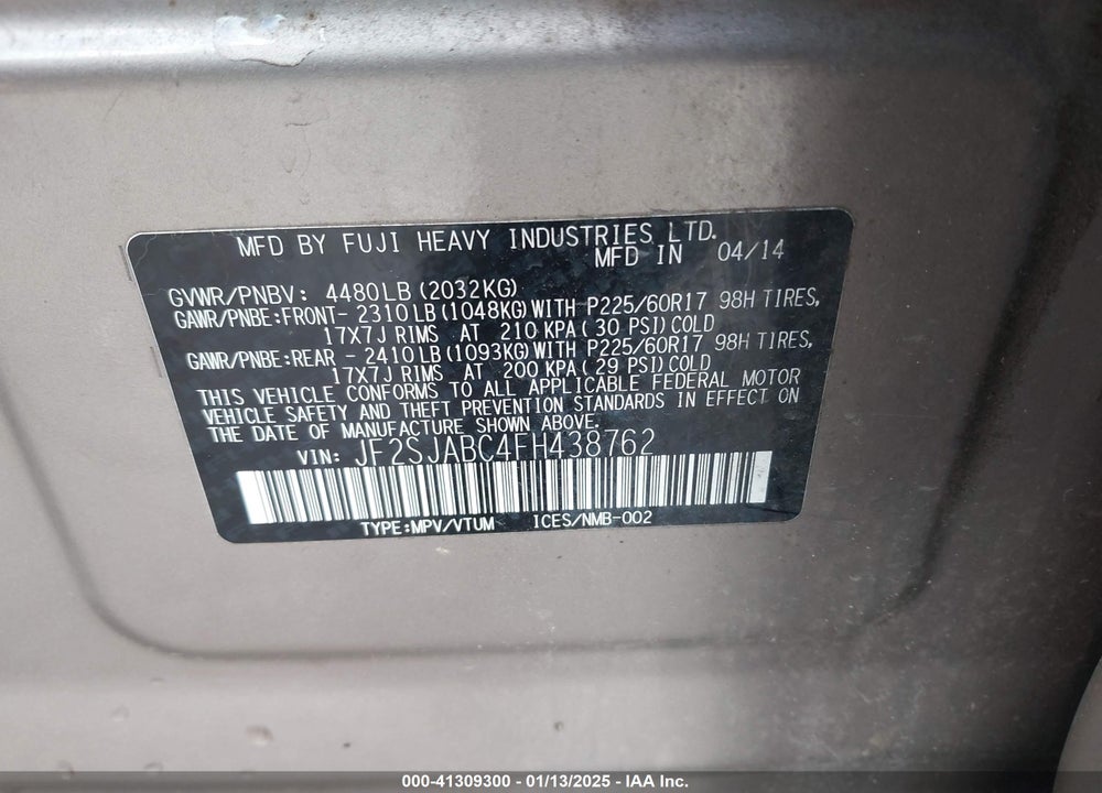 2015 SUBARU FORESTER 2.5I VIN: JF2SJABC4FH438762