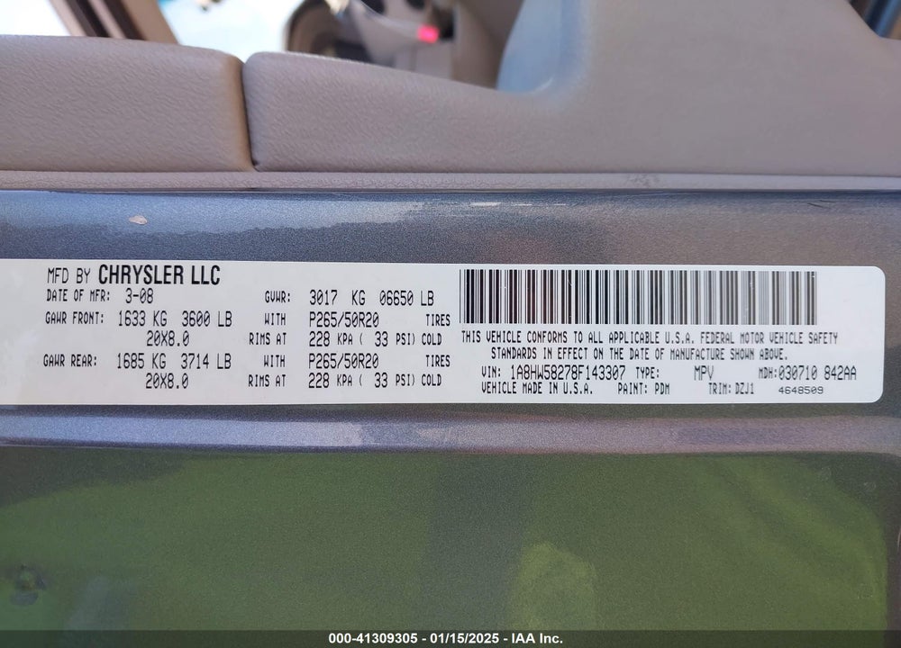2008 CHRYSLER ASPEN VIN: 1A8HW58278F143307