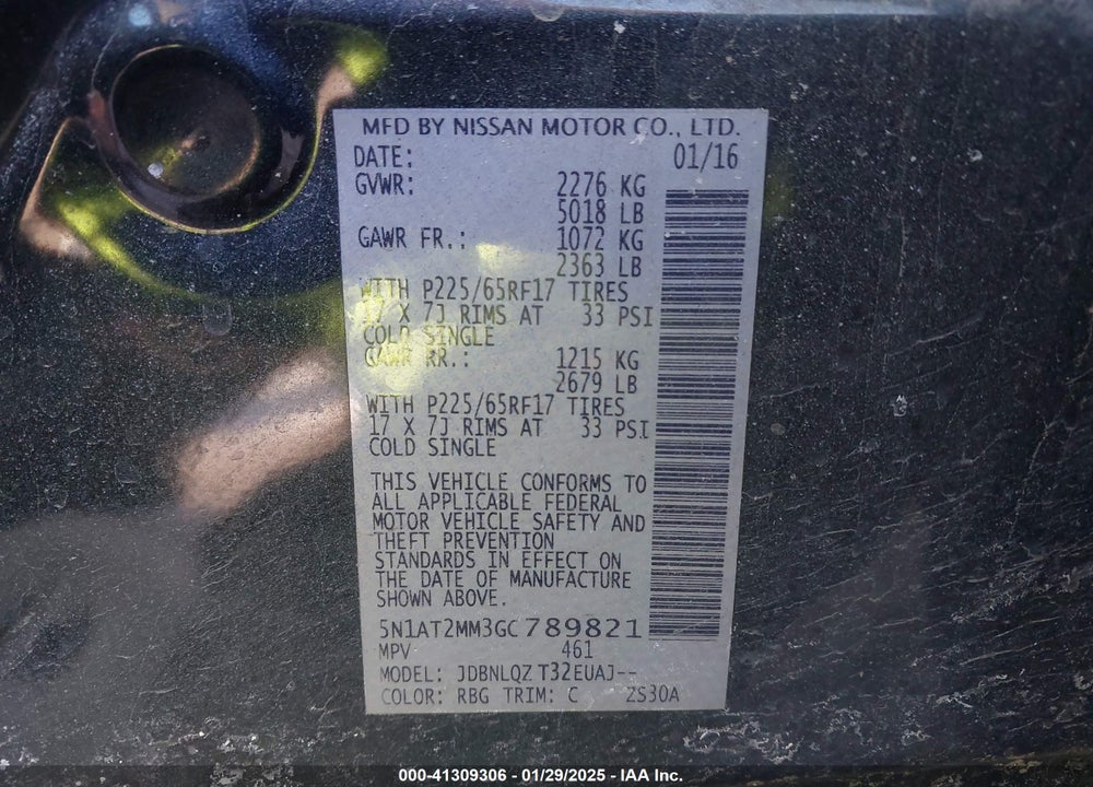 2016 NISSAN ROGUE VIN: 5N1AT2MM3GC789821
