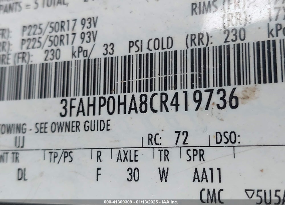 2012 FORD FUSION VIN: 3FAHP0HA8CR419736