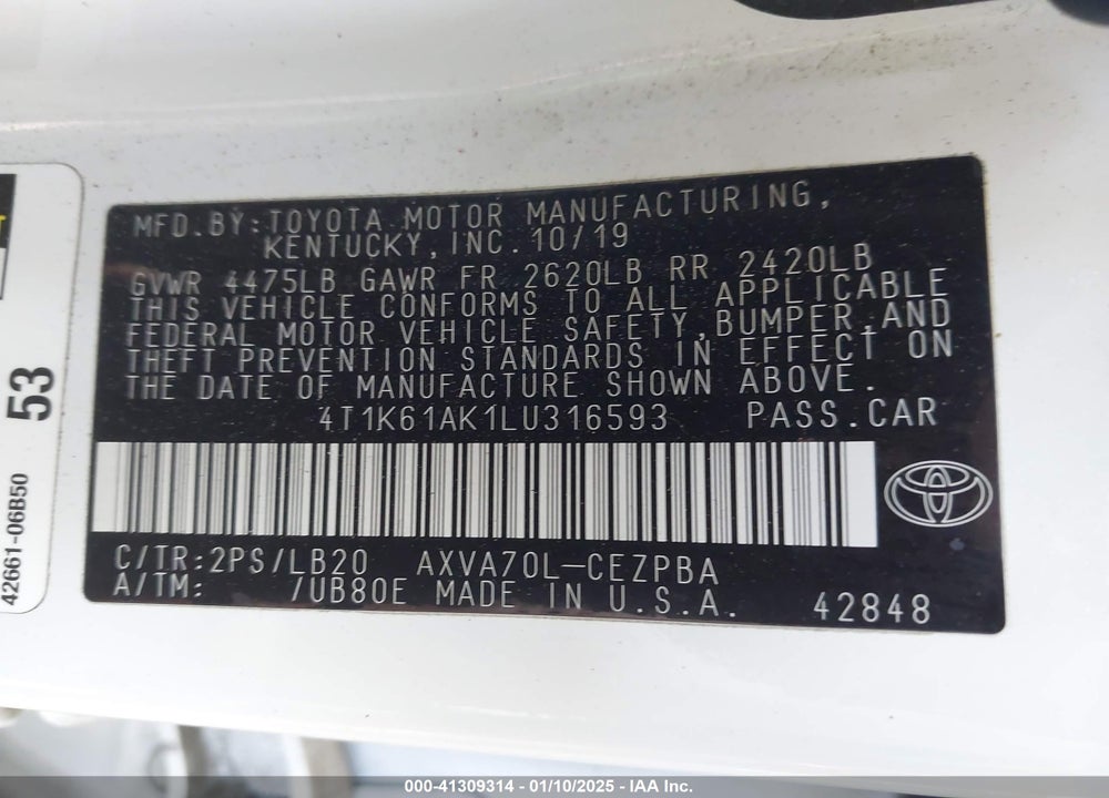 2020 TOYOTA CAMRY VIN: 4T1K61AK1LU316593