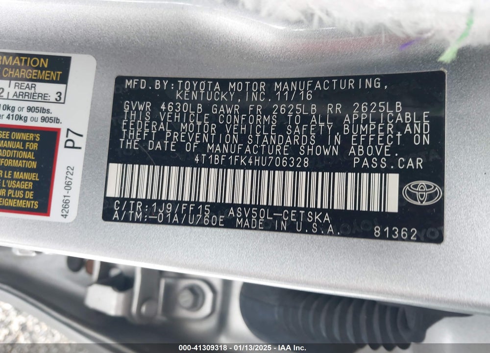 2017 TOYOTA CAMRY VIN: 4T1BF1FK4HU706328