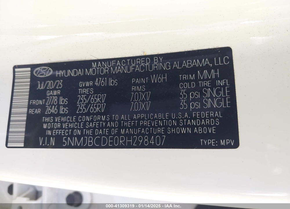 2024 HYUNDAI TUCSON SEL VIN: 5NMJBCDE0RH298407