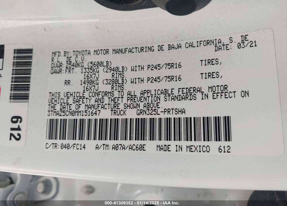 2021 TOYOTA TACOMA VIN: 3TMAZ5CN0MM151647