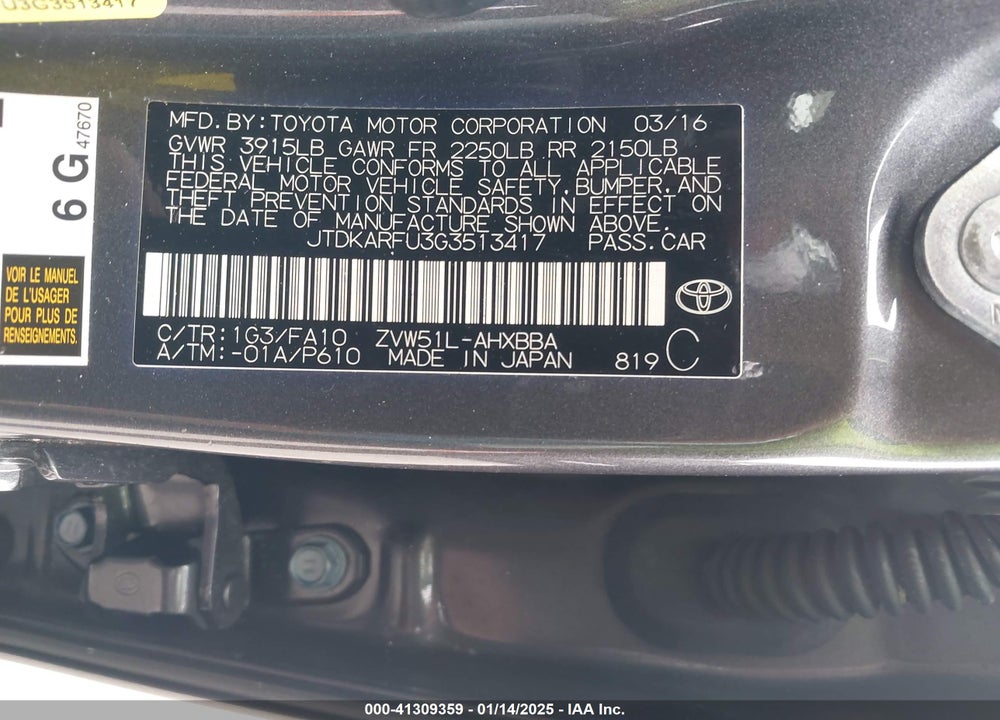 2016 TOYOTA PRIUS VIN: JTDKARFU3G3513417