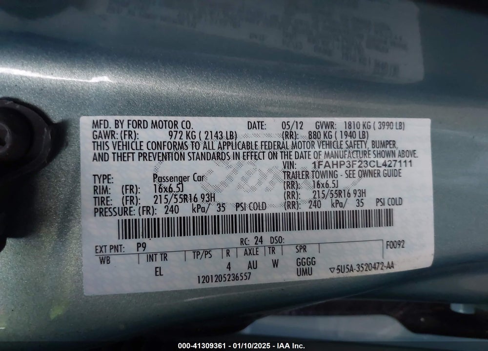 2012 FORD FOCUS VIN: 1FAHP3F23CL427111