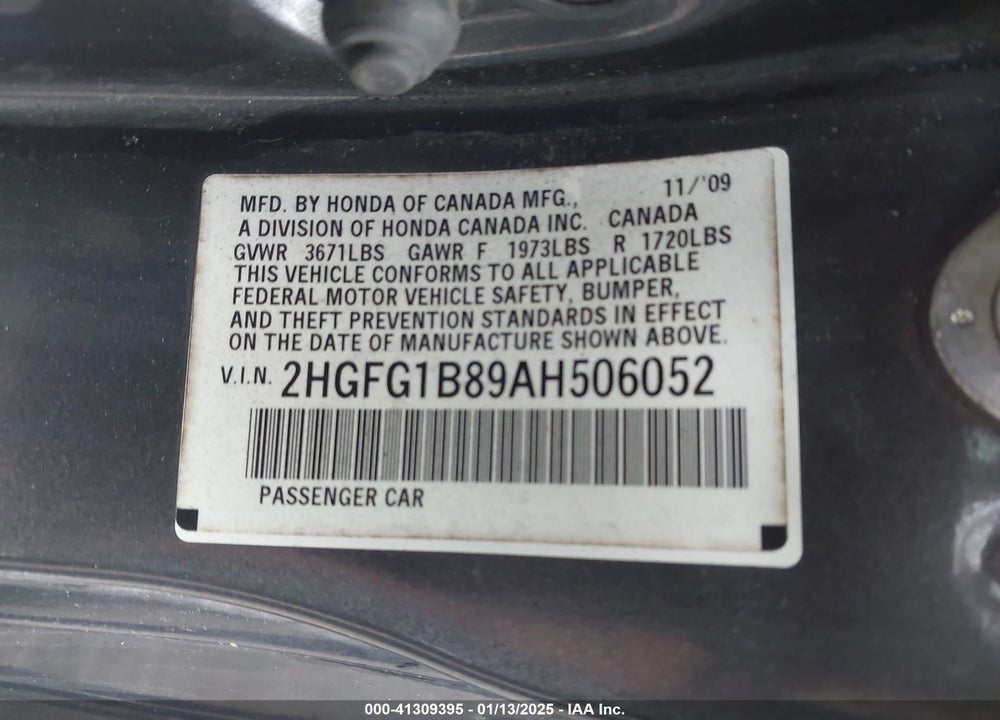 2010 HONDA CIVIC CPE VIN: 2HGFG1B89AH506052