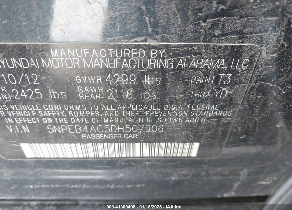 2013 HYUNDAI SONATA VIN: 5NPEB4AC5DH507906