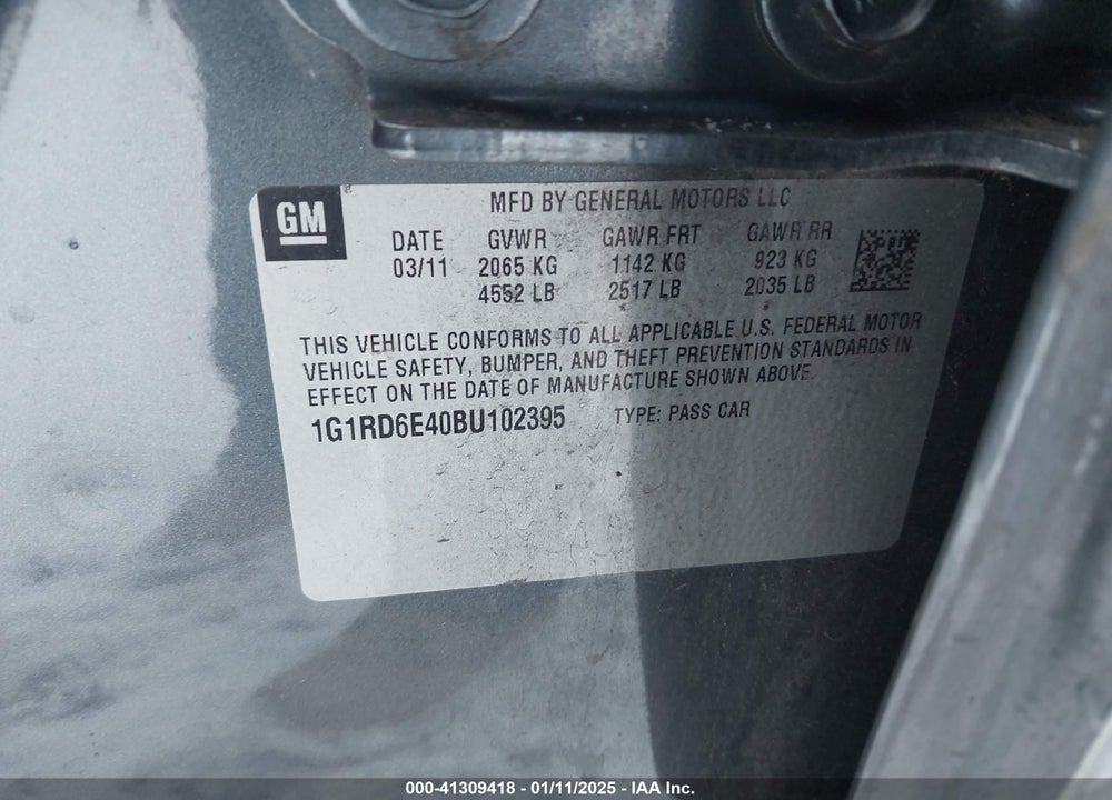 2011 CHEVROLET VOLT VIN: 1G1RD6E40BU102395