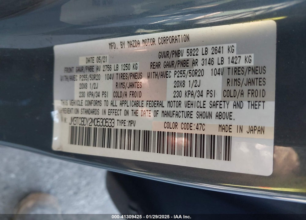 2021 MAZDA CX-9 VIN: JM3TCBDY2M0530533