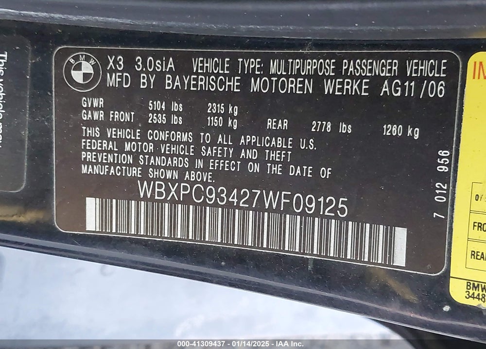 2007 BMW X3 VIN: WBXPC93427WF09125