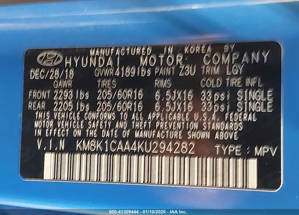 2019 HYUNDAI KONA SE VIN: KM8K1CAA4KU294282