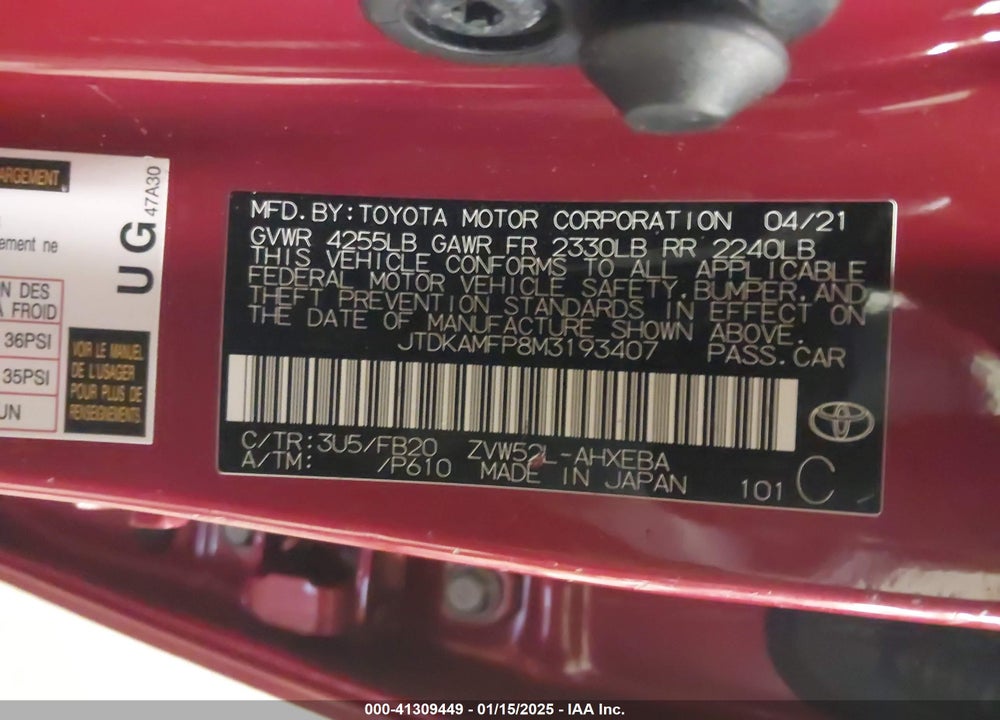 2021 TOYOTA PRIUS PRIME VIN: JTDKAMFP8M3193407