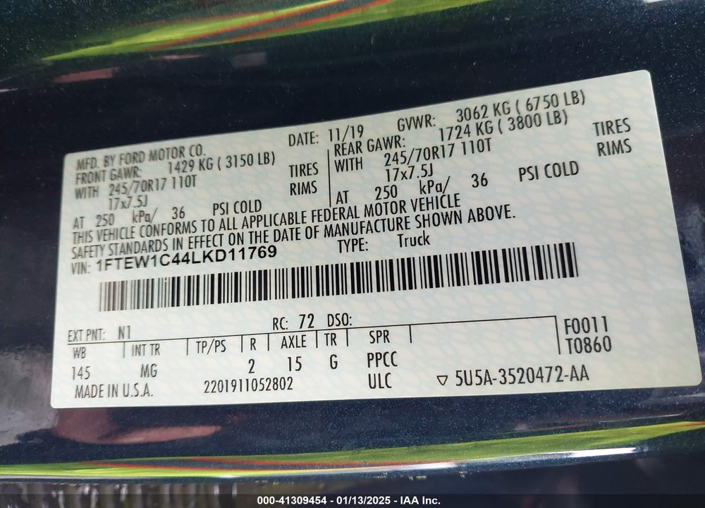 2020 FORD F-150 XLT VIN: 1FTEW1C44LKD11769