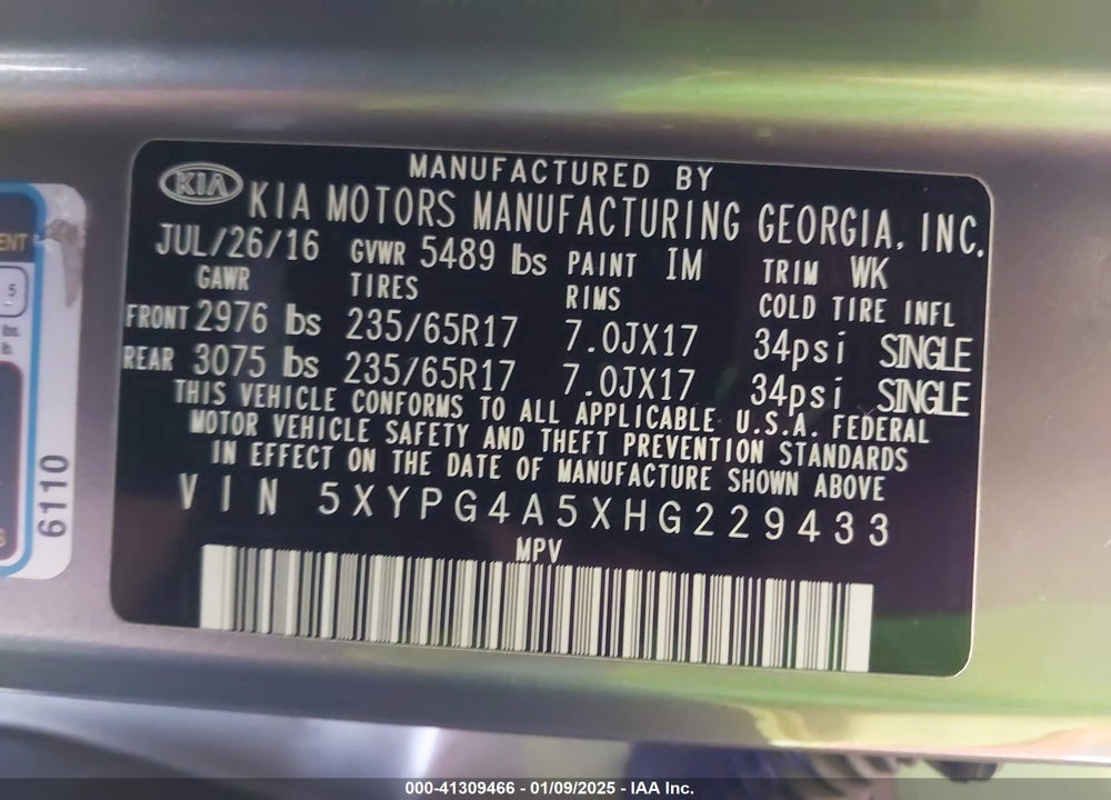 2017 KIA SORENTO 3.3L LX VIN: 5XYPG4A5XHG229433