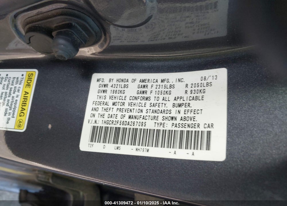 2013 HONDA ACCORD SPORT VIN: 1HGCR2F56DA267095