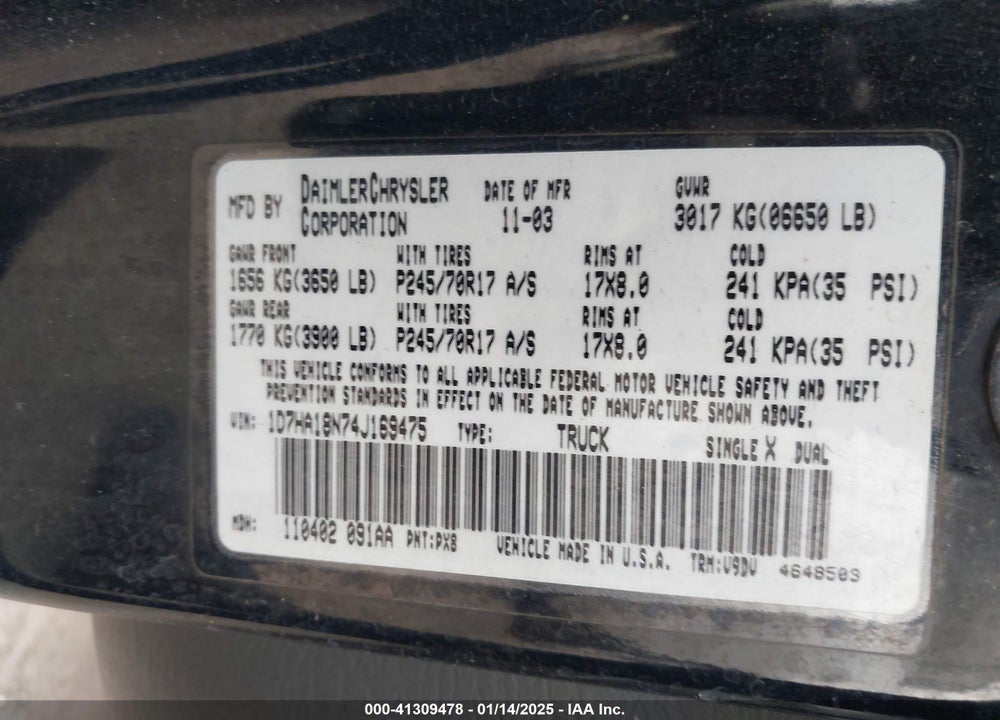 2004 DODGE RAM 1500 VIN: 1D7HA18N74J169475