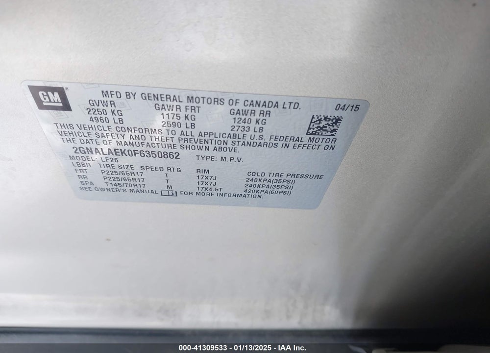 2015 CHEVROLET EQUINOX LS VIN: 2GNALAEK0F6350862