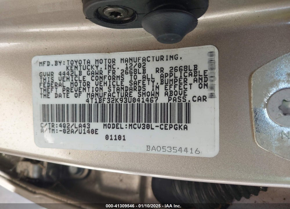 2003 TOYOTA CAMRY VIN: 4T1BF32K93U041467