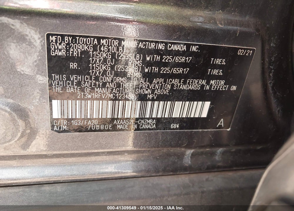 2021 TOYOTA RAV4 VIN: 2T3W1RFV7MC123408