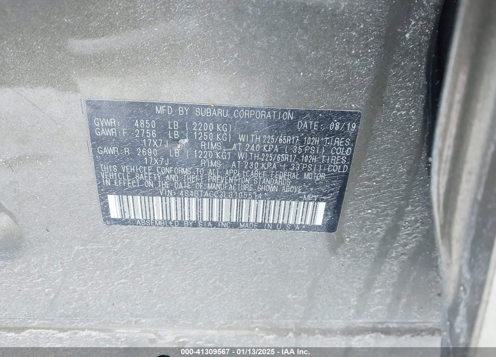2020 SUBARU OUTBACK PREMIUM VIN: 4S4BTACC3L3105514