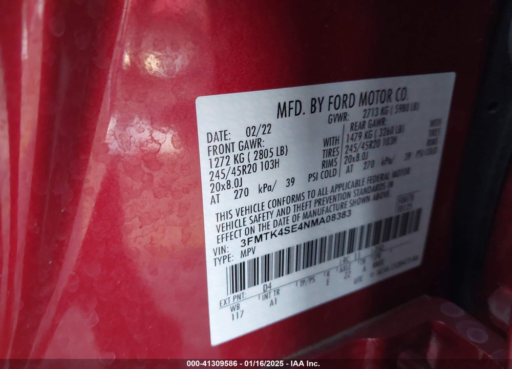 2022 FORD MUSTANG MACH-E GT VIN: 3FMTK4SE4NMA08383