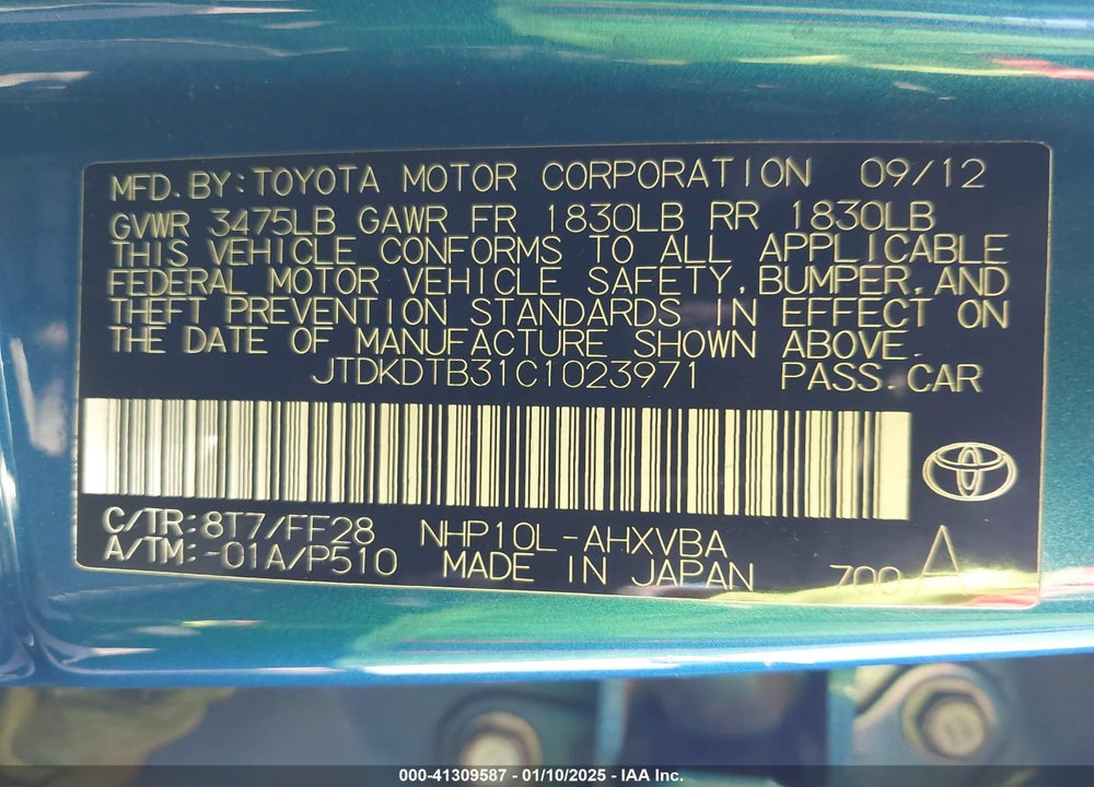 2012 TOYOTA PRIUS C VIN: JTDKDTB31C1023971