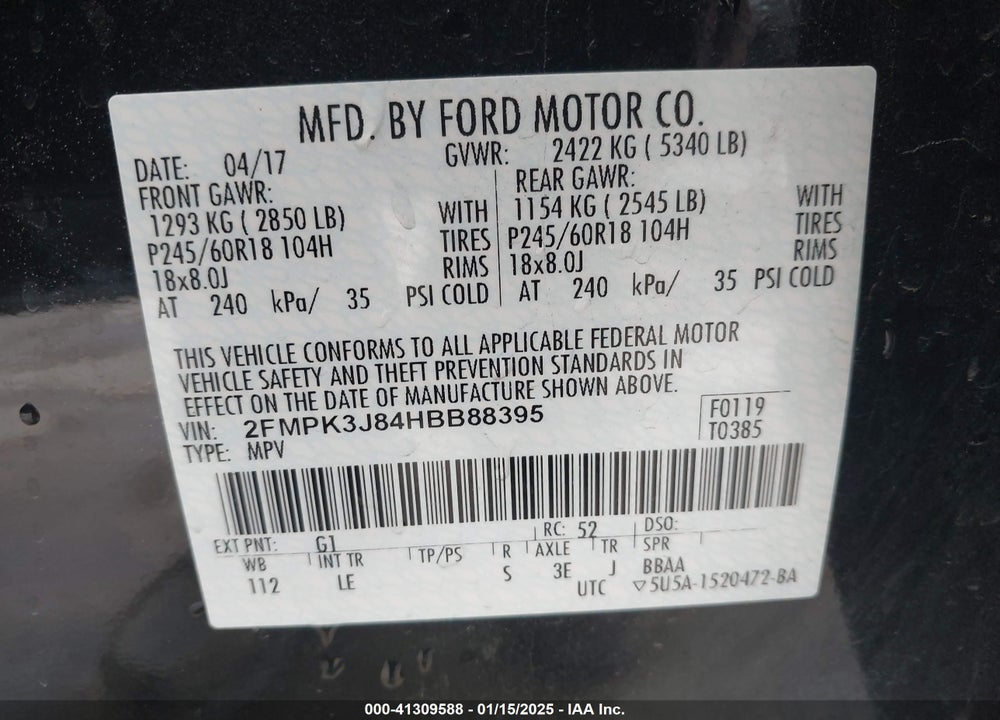 2017 FORD EDGE SEL VIN: 2FMPK3J84HBB88395