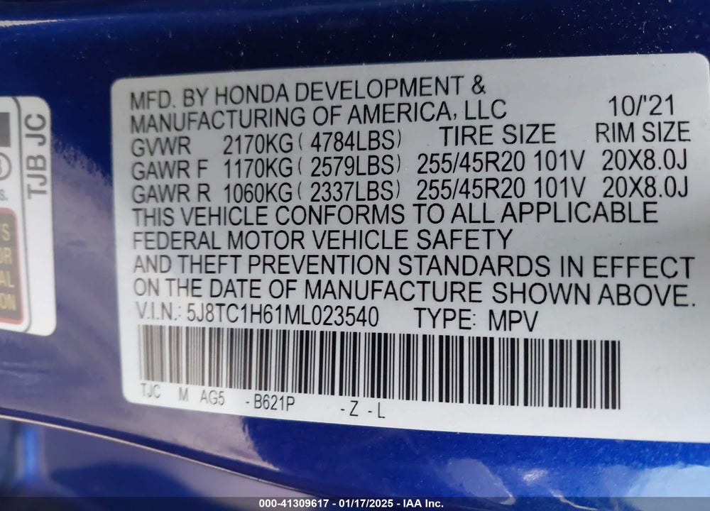 2021 ACURA RDX A-SPEC PACKAGE VIN: 5J8TC1H61ML023540