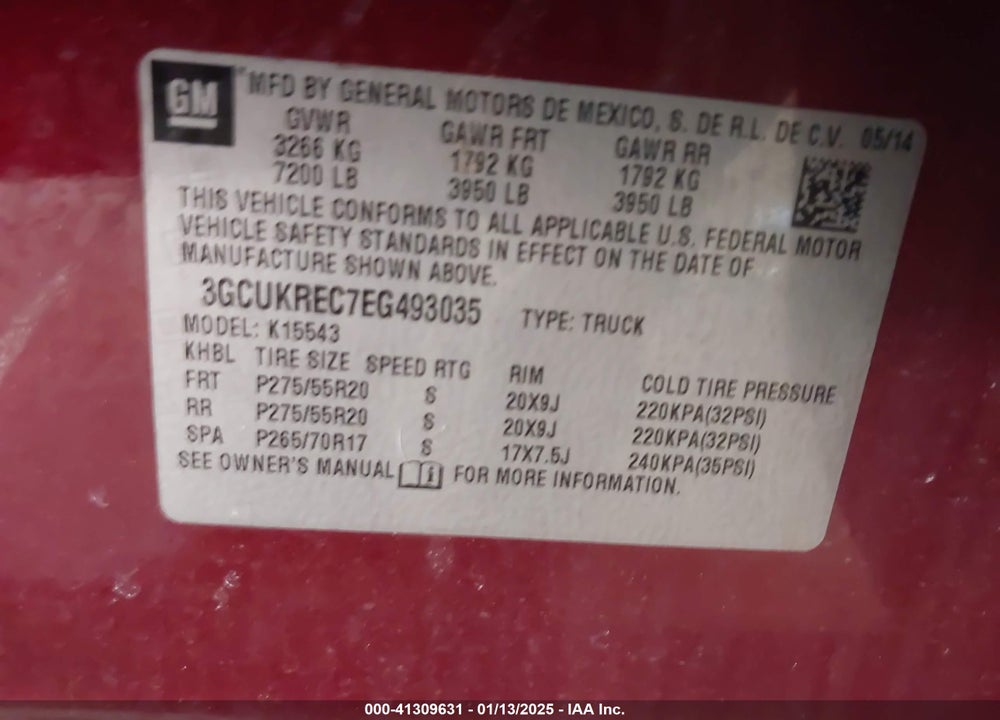 2014 CHEVROLET SILVERADO 1500 VIN: 3GCUKREC7EG493035